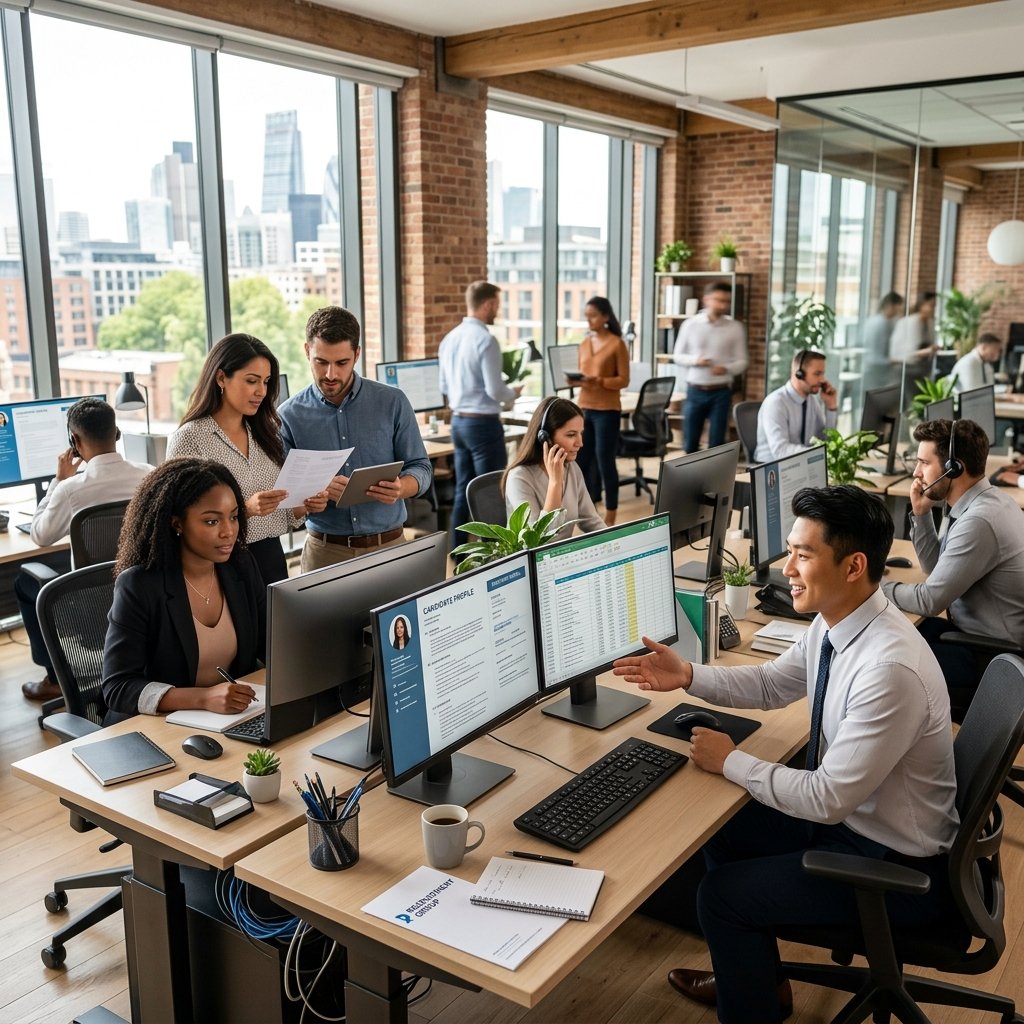 Vue ultra réaliste d'une agence de recrutement moderne avec des collaborateurs au travail